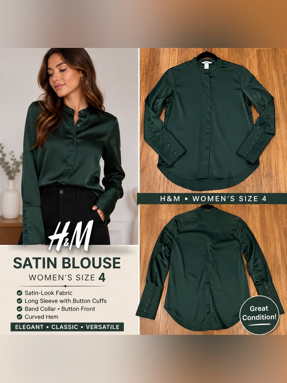H&M Women’s Forest Green Satin Button Front Blouse Size 4 Minimalist